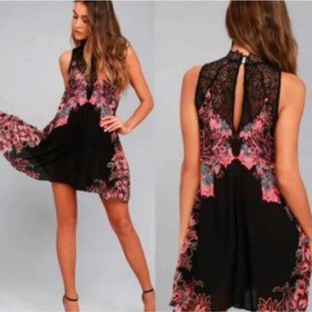 Free People Intimately Marsha Black Print Lace Slip Trapeze Dress XS High Neck